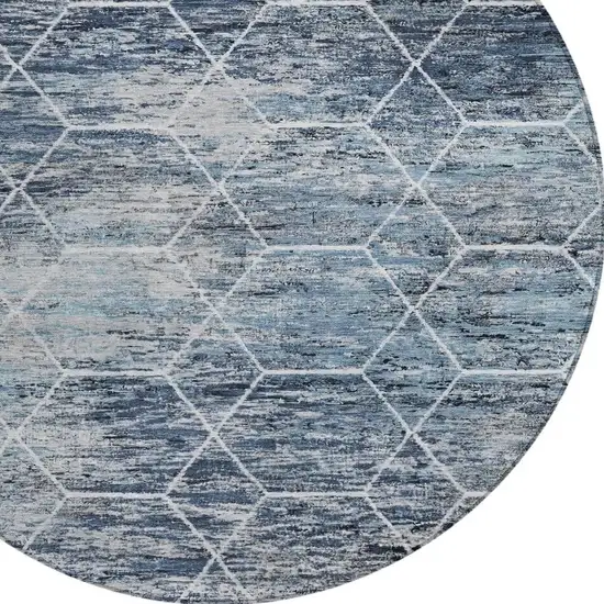 8' Blue Gray And Ivory Round Geometric Washable Indoor Outdoor Area Rug Photo 4