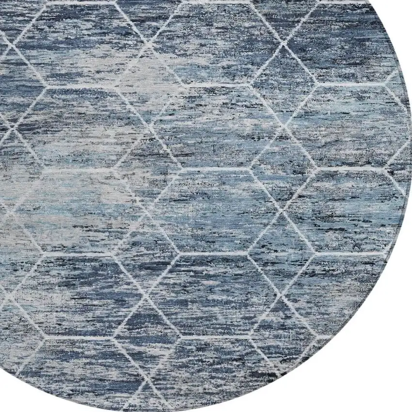 8' Blue Gray And Ivory Round Geometric Washable Indoor Outdoor Area Rug Photo 4
