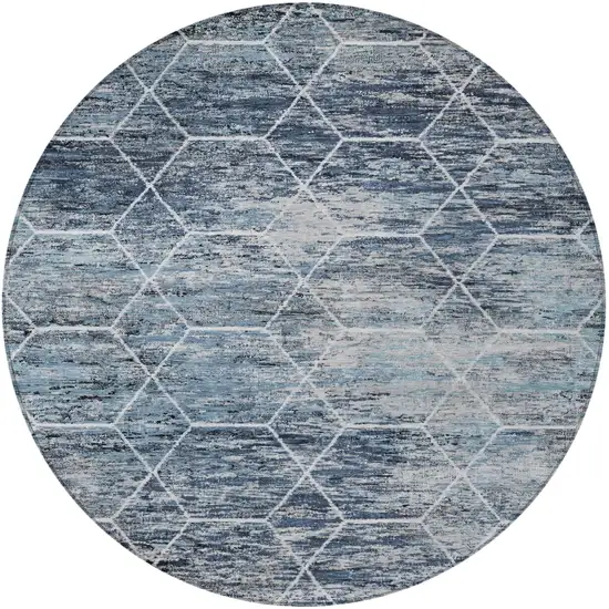 8' Blue Gray And Ivory Round Geometric Washable Indoor Outdoor Area Rug Photo 3