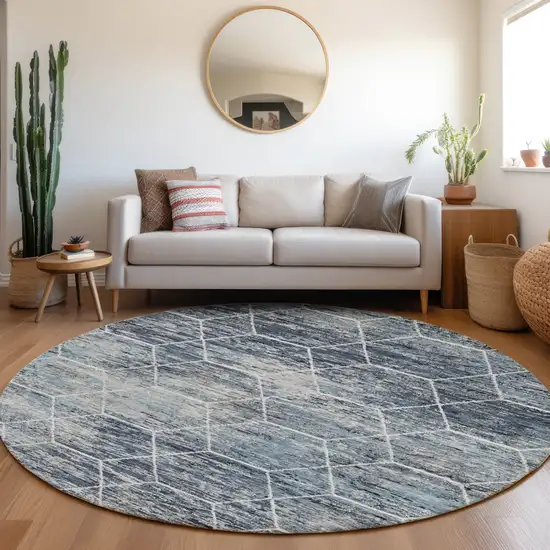 8' Blue Gray And Ivory Round Geometric Washable Indoor Outdoor Area Rug Photo 6