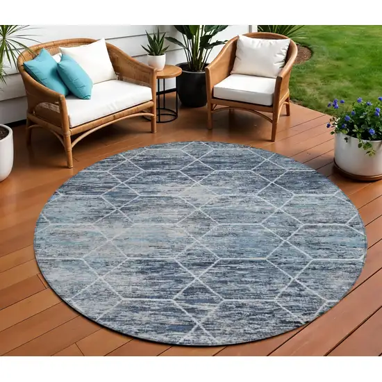 8' Blue Gray And Ivory Round Geometric Washable Indoor Outdoor Area Rug Photo 2