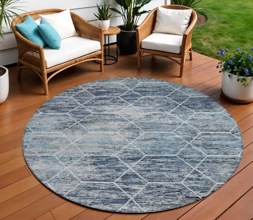8' Blue Gray And Ivory Round Geometric Washable Indoor Outdoor Area Rug Photo 2