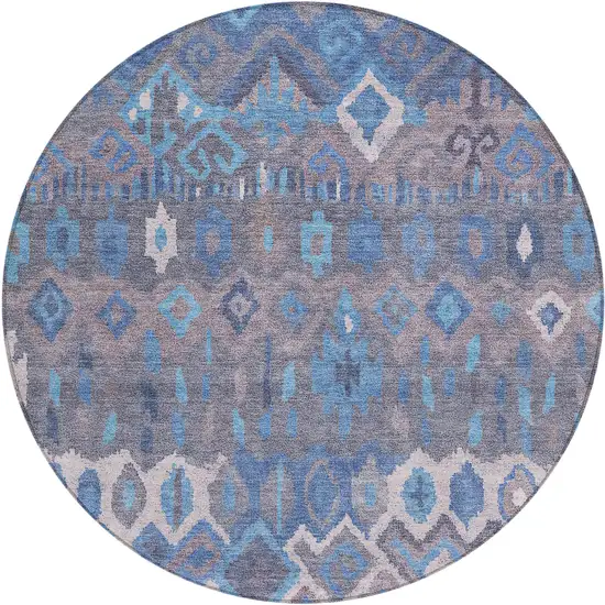 8' Blue Gray And Ivory Round Geometric Washable Indoor Outdoor Area Rug Photo 2