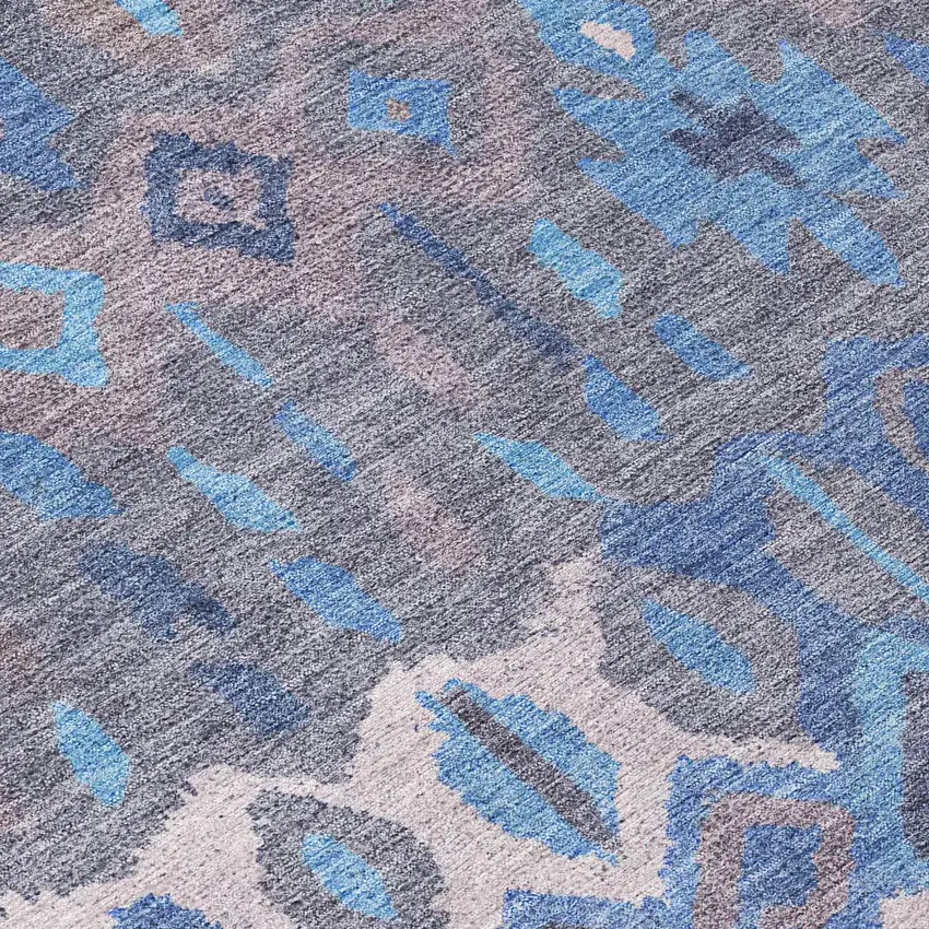 8' Blue Gray And Ivory Round Geometric Washable Indoor Outdoor Area Rug Photo 9