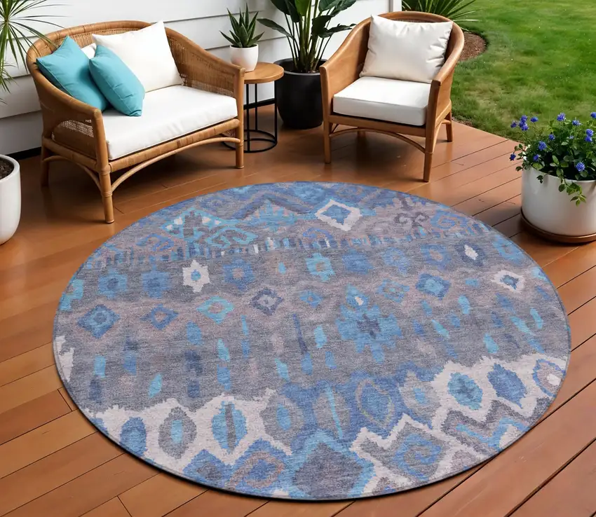 8' Blue Gray And Ivory Round Geometric Washable Indoor Outdoor Area Rug Photo 1