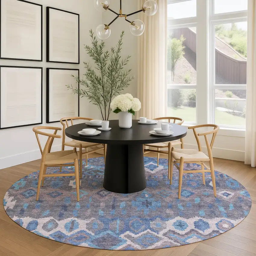 8' Blue Gray And Ivory Round Geometric Washable Indoor Outdoor Area Rug Photo 8