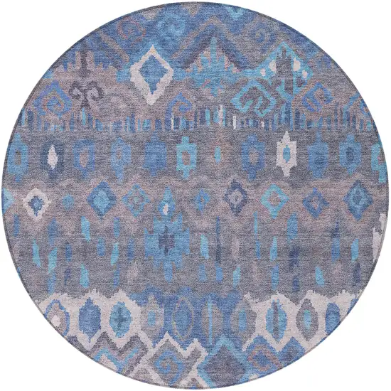 8' Blue Gray And Ivory Round Geometric Washable Indoor Outdoor Area Rug Photo 4