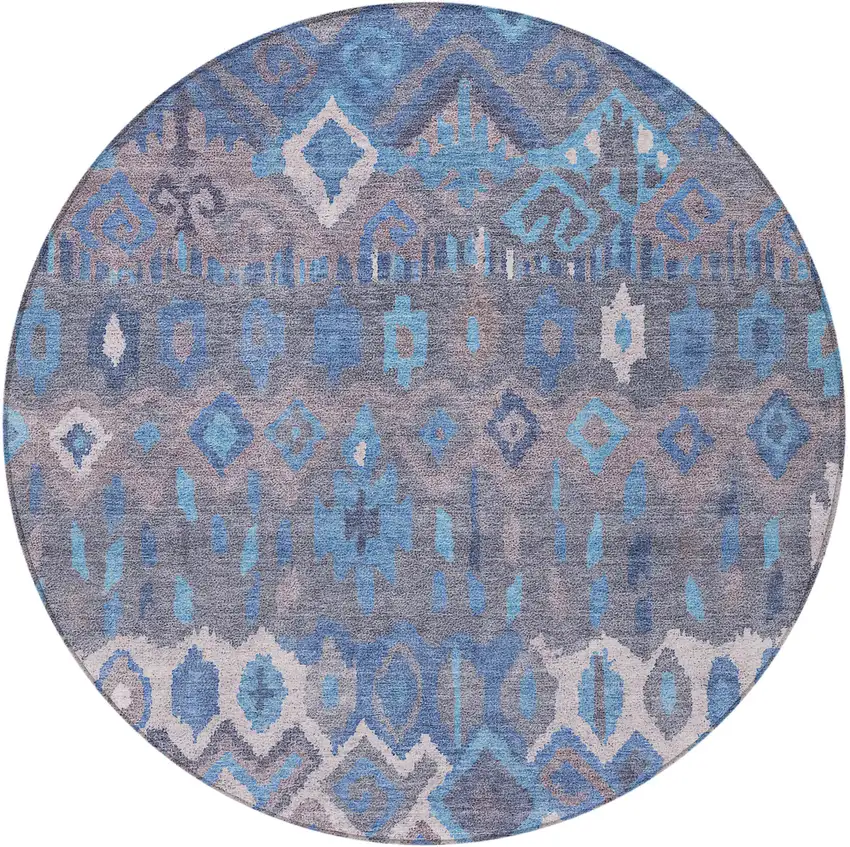 8' Blue Gray And Ivory Round Geometric Washable Indoor Outdoor Area Rug Photo 4