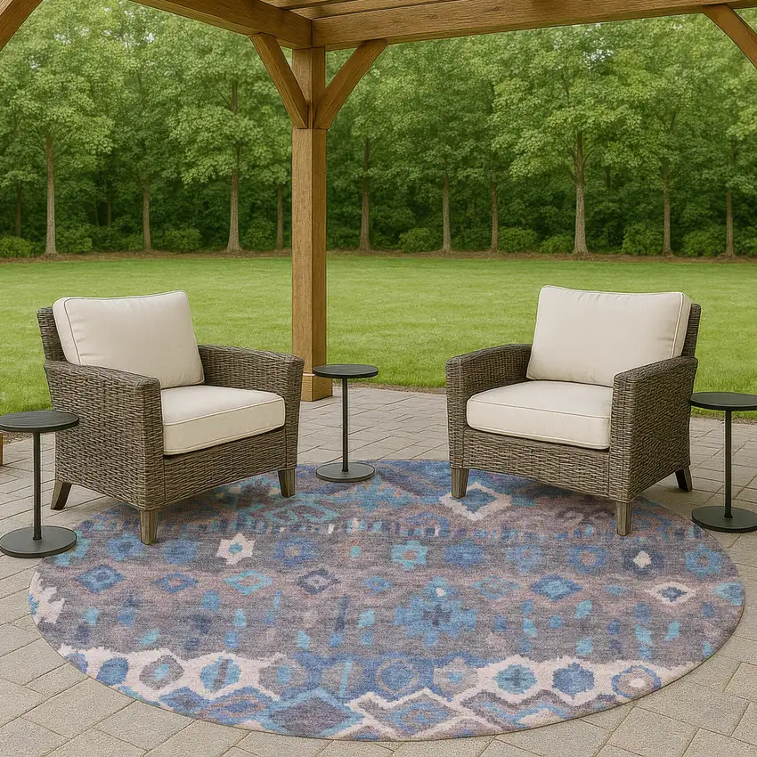 8' Blue Gray And Ivory Round Geometric Washable Indoor Outdoor Area Rug Photo 7