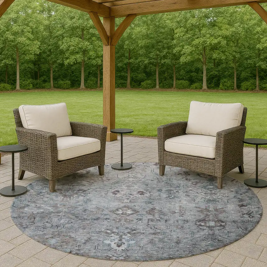 8' Blue Gray And Ivory Round Medallion Washable Indoor Outdoor Area Rug Photo 7