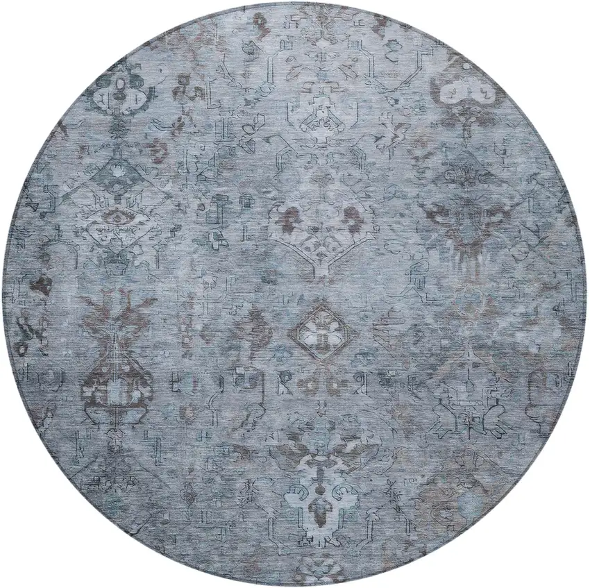 8' Blue Gray And Ivory Round Medallion Washable Indoor Outdoor Area Rug Photo 4