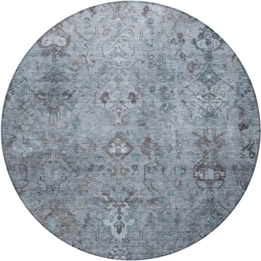 8' Blue Gray And Ivory Round Medallion Washable Indoor Outdoor Area Rug Photo 2