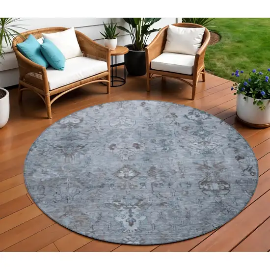 8' Blue Gray And Ivory Round Medallion Washable Indoor Outdoor Area Rug Photo 1