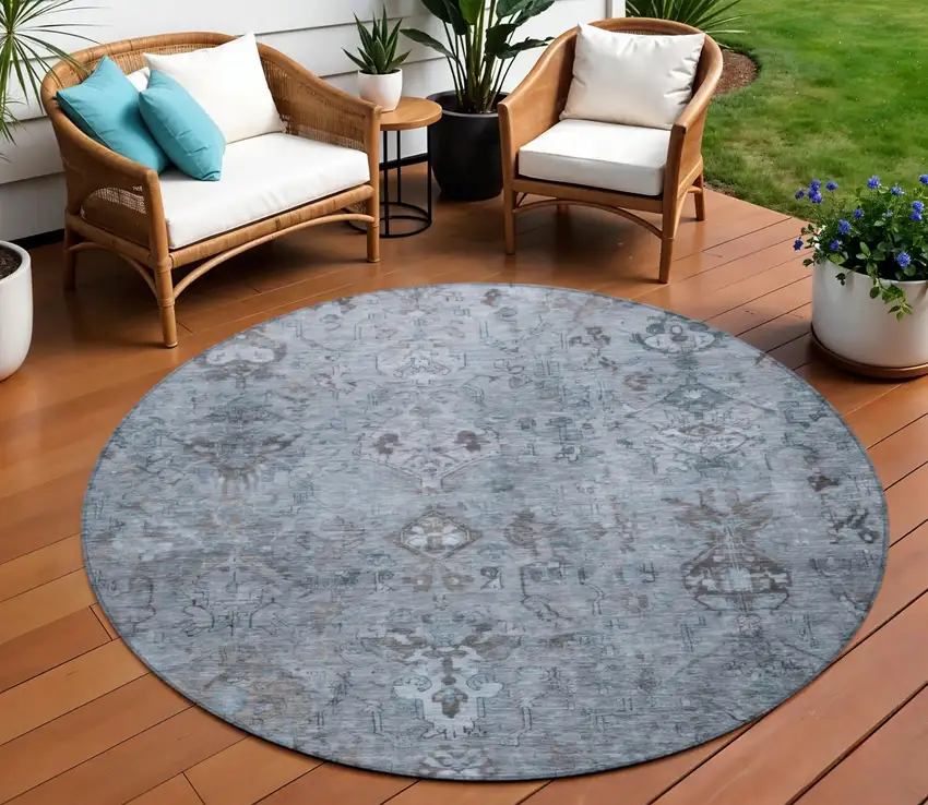 8' Blue Gray And Ivory Round Medallion Washable Indoor Outdoor Area Rug Photo 1