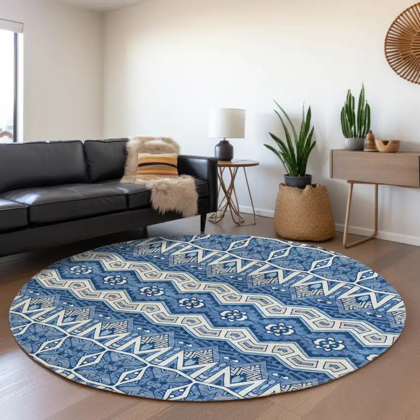 8' Blue Gray And Ivory Round Moroccan Washable Indoor Outdoor Area Rug Photo 6