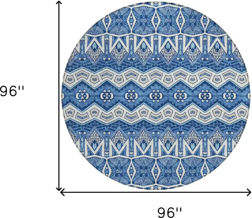 8' Blue Gray And Ivory Round Moroccan Washable Indoor Outdoor Area Rug Photo 3