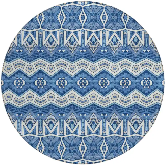 8' Blue Gray And Ivory Round Moroccan Washable Indoor Outdoor Area Rug Photo 2