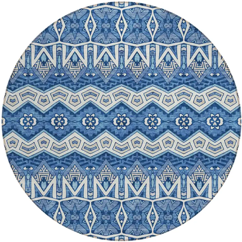 8' Blue Gray And Ivory Round Moroccan Washable Indoor Outdoor Area Rug Photo 2
