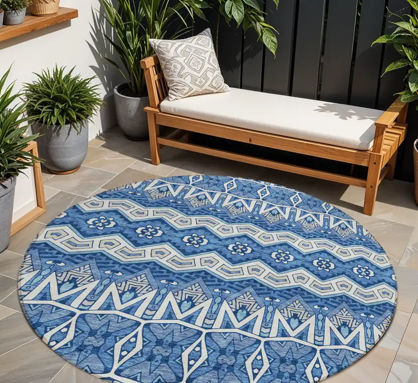 8' Blue Gray And Ivory Round Moroccan Washable Indoor Outdoor Area Rug Photo 1