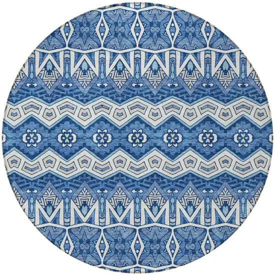 8' Blue Gray And Ivory Round Moroccan Washable Indoor Outdoor Area Rug Photo 4