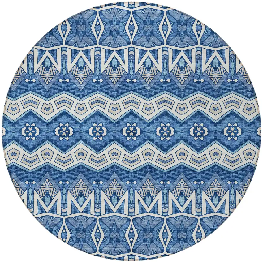 8' Blue Gray And Ivory Round Moroccan Washable Indoor Outdoor Area Rug Photo 4