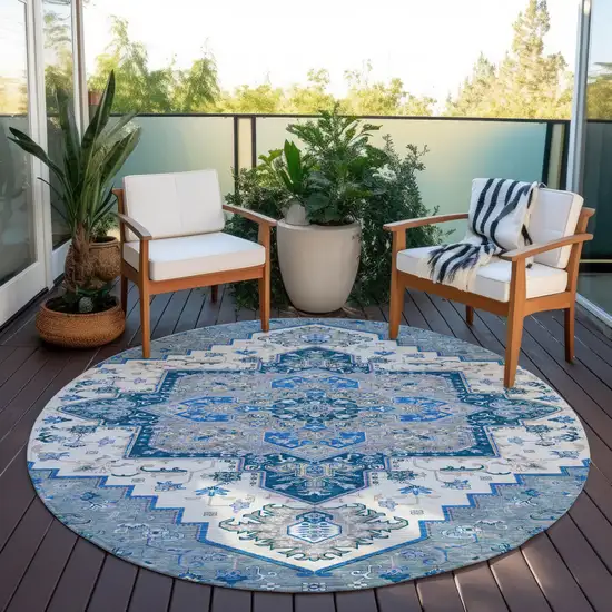 8' Blue Gray And Ivory Round Oriental Washable Indoor Outdoor Area Rug Photo 7