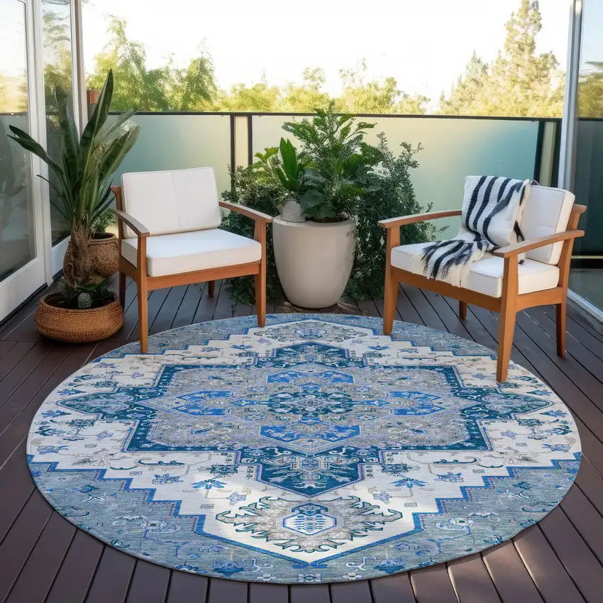 8' Blue Gray And Ivory Round Oriental Washable Indoor Outdoor Area Rug Photo 7