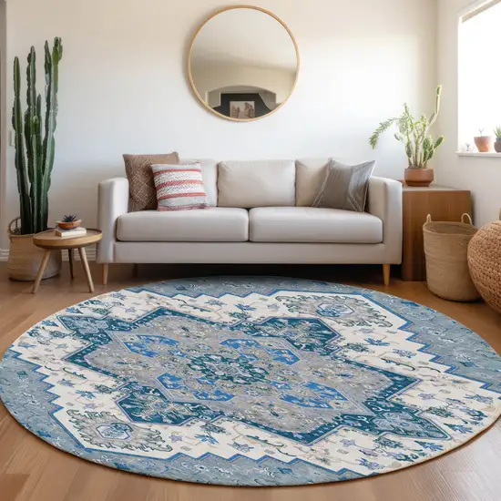 8' Blue Gray And Ivory Round Oriental Washable Indoor Outdoor Area Rug Photo 8