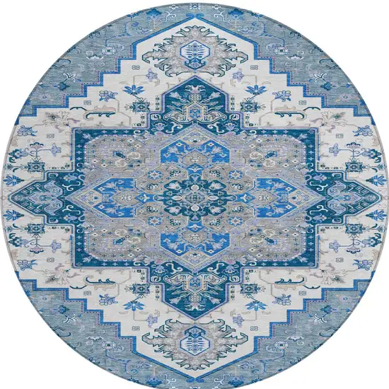 8' Blue Gray And Ivory Round Oriental Washable Indoor Outdoor Area Rug Photo 6