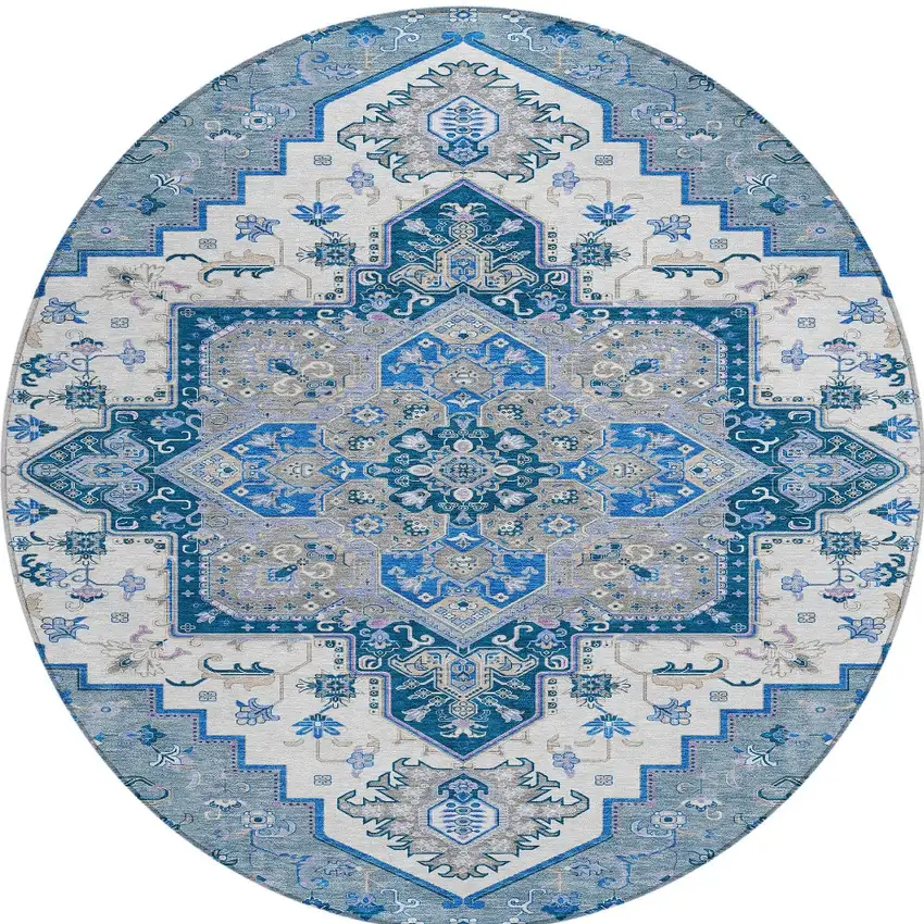 8' Blue Gray And Ivory Round Oriental Washable Indoor Outdoor Area Rug Photo 6