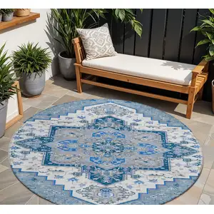 Photo of 8' Blue Gray And Ivory Round Oriental Washable Indoor Outdoor Area Rug