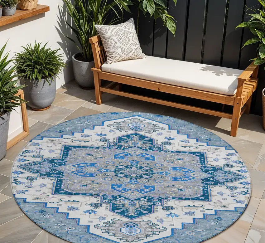8' Blue Gray And Ivory Round Oriental Washable Indoor Outdoor Area Rug Photo 1