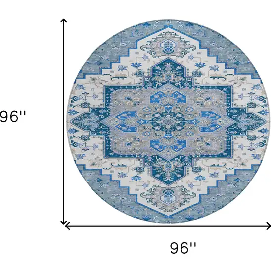 8' Blue Gray And Ivory Round Oriental Washable Indoor Outdoor Area Rug Photo 3