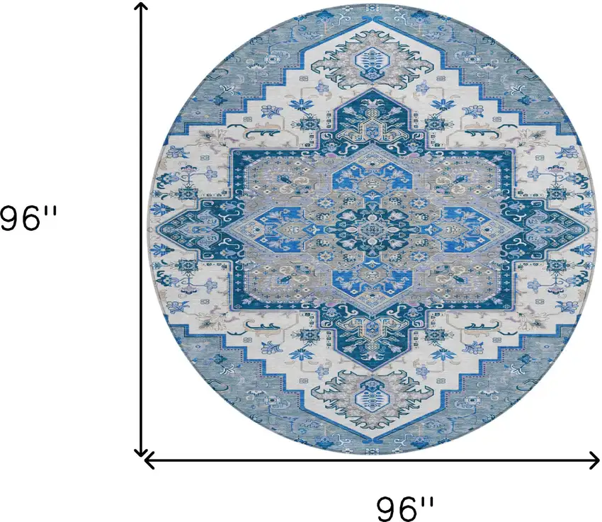 8' Blue Gray And Ivory Round Oriental Washable Indoor Outdoor Area Rug Photo 3