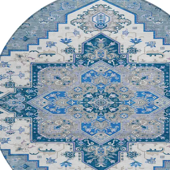 8' Blue Gray And Ivory Round Oriental Washable Indoor Outdoor Area Rug Photo 5