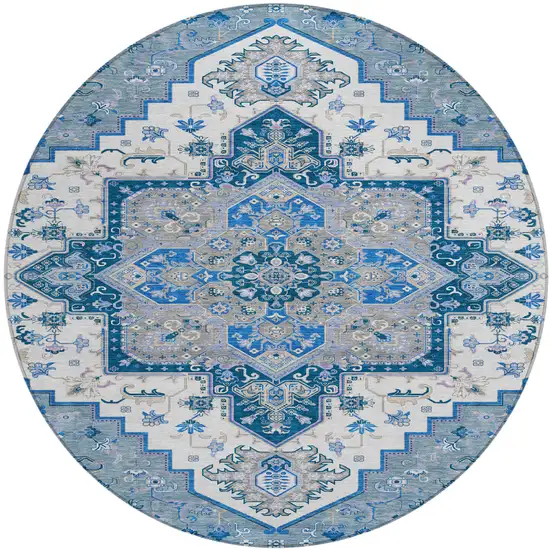 8' Blue Gray And Ivory Round Oriental Washable Indoor Outdoor Area Rug Photo 2