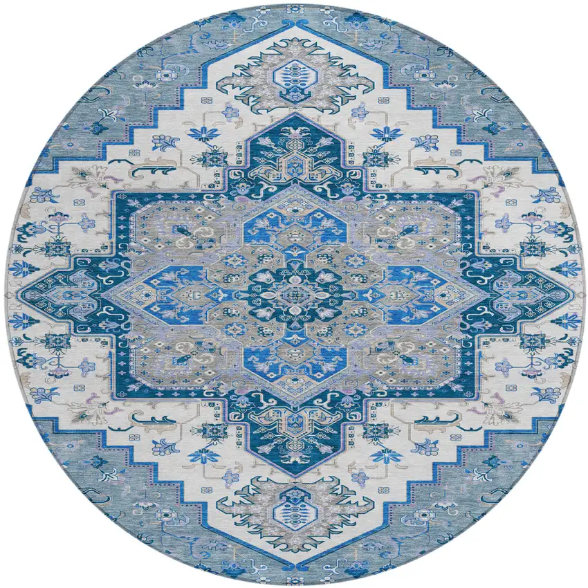8' Blue Gray And Ivory Round Oriental Washable Indoor Outdoor Area Rug Photo 2