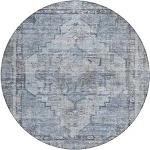Photo of 8' Blue Gray And Ivory Round Oriental Washable Indoor Outdoor Area Rug