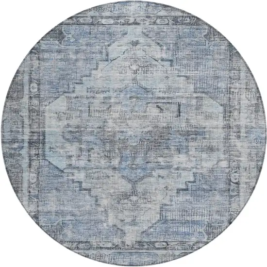 8' Blue Gray And Ivory Round Oriental Washable Indoor Outdoor Area Rug Photo 1