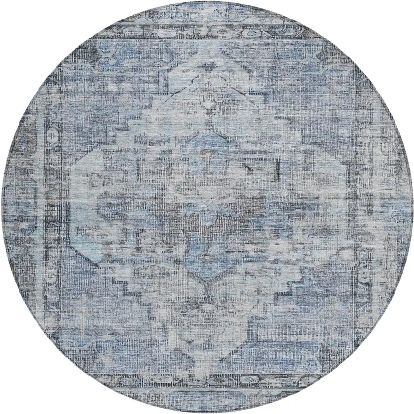 8' Blue Gray And Ivory Round Oriental Washable Indoor Outdoor Area Rug Photo 1
