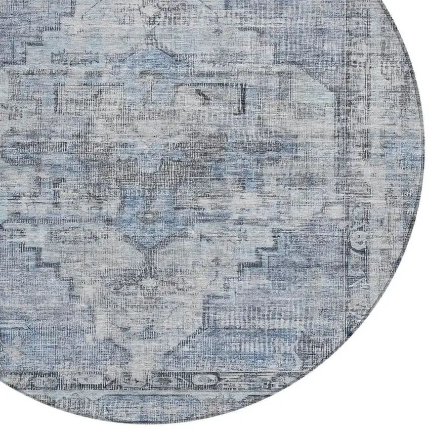 8' Blue Gray And Ivory Round Oriental Washable Indoor Outdoor Area Rug Photo 4