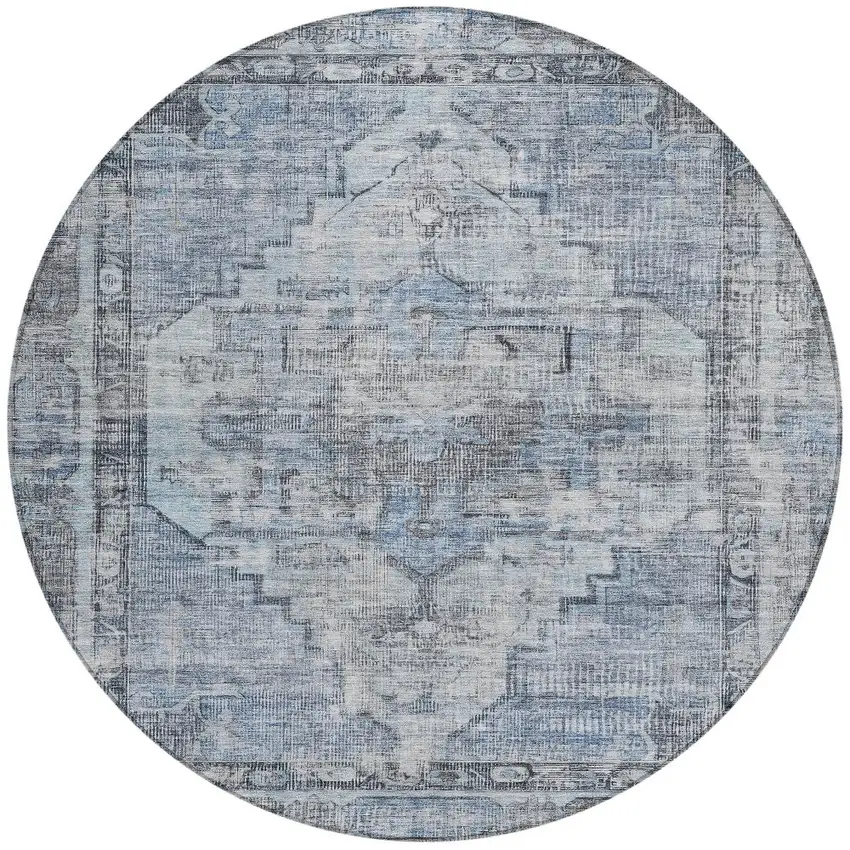 8' Blue Gray And Ivory Round Oriental Washable Indoor Outdoor Area Rug Photo 3