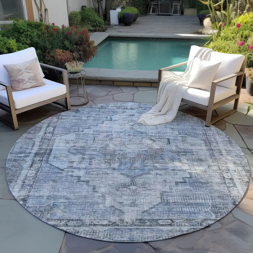 8' Blue Gray And Ivory Round Oriental Washable Indoor Outdoor Area Rug Photo 5