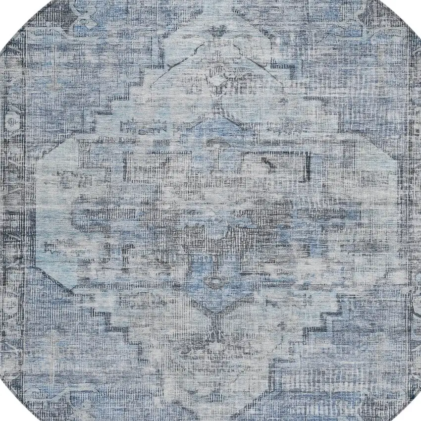 8' Blue Gray And Ivory Round Oriental Washable Indoor Outdoor Area Rug Photo 7