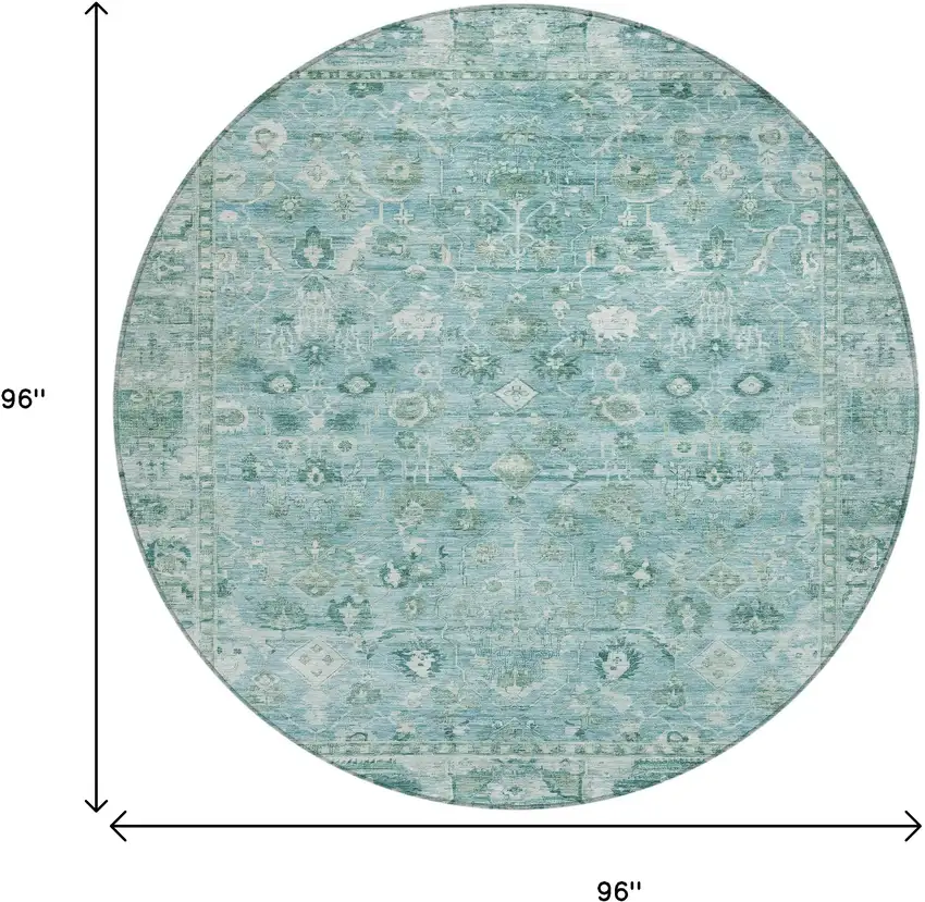 8' Blue Gray And Ivory Round Oriental Washable Indoor Outdoor Area Rug Photo 9