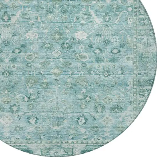 8' Blue Gray And Ivory Round Oriental Washable Indoor Outdoor Area Rug Photo 8