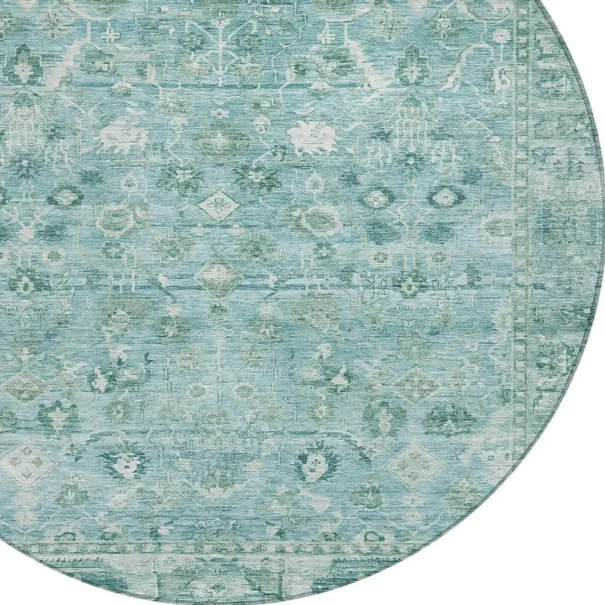 8' Blue Gray And Ivory Round Oriental Washable Indoor Outdoor Area Rug Photo 4