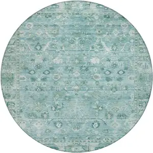 Photo of 8' Blue Gray And Ivory Round Oriental Washable Indoor Outdoor Area Rug