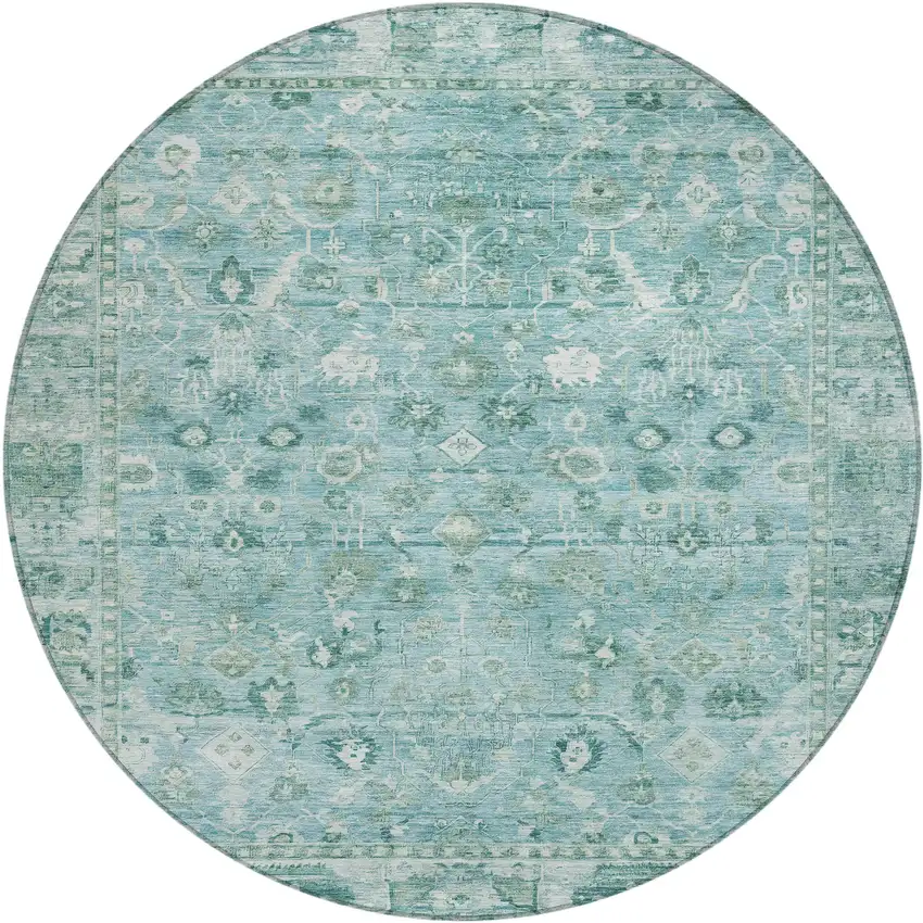 8' Blue Gray And Ivory Round Oriental Washable Indoor Outdoor Area Rug Photo 1