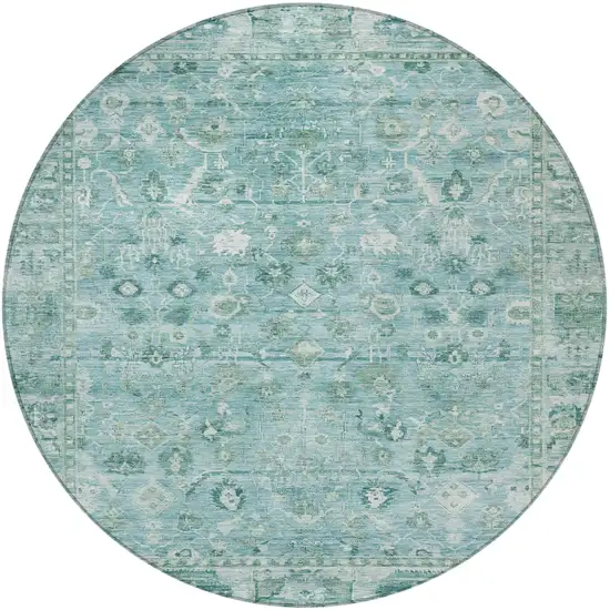 8' Blue Gray And Ivory Round Oriental Washable Indoor Outdoor Area Rug Photo 3